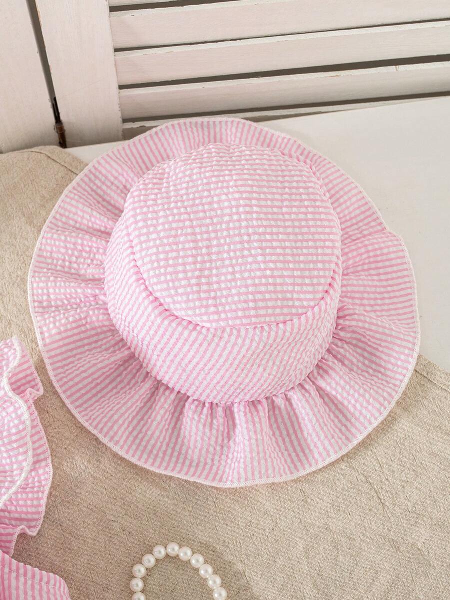 Summer Baby Girl Striped Romper Outfit With Big Bow Cap Sleeve And Sun Hat Gift Set