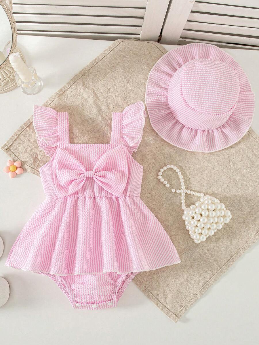 Summer Baby Girl Striped Romper Outfit With Big Bow Cap Sleeve And Sun Hat Gift Set