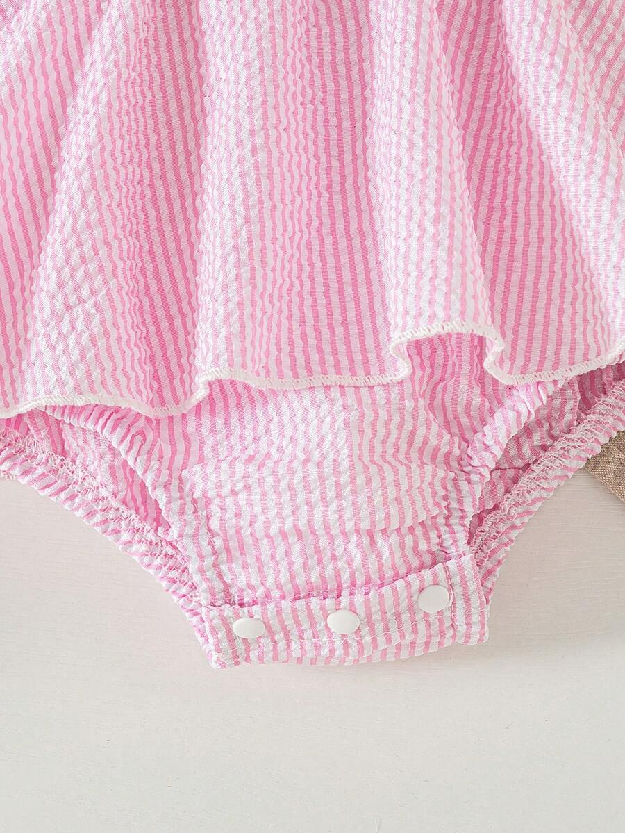 Summer Baby Girl Striped Romper Outfit With Big Bow Cap Sleeve And Sun Hat Gift Set