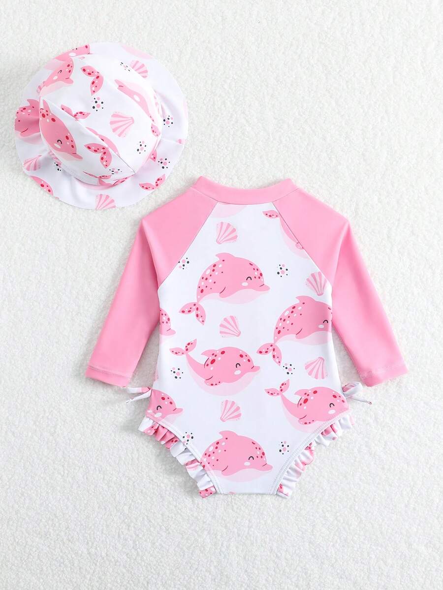 Baby Bow Print Long Sleeve One-Piece Swimsuit Set with Matching Swim Cap