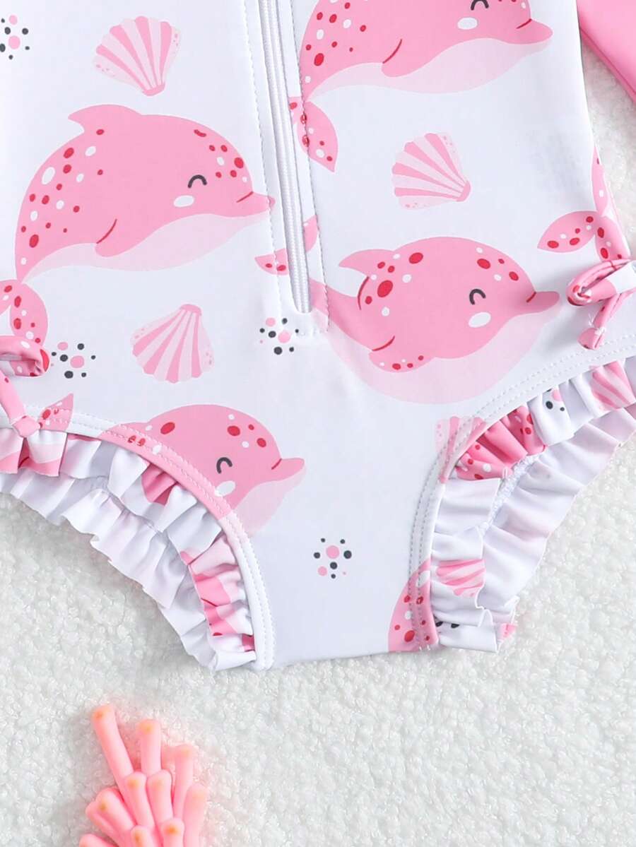 Baby Bow Print Long Sleeve One-Piece Swimsuit Set with Matching Swim Cap