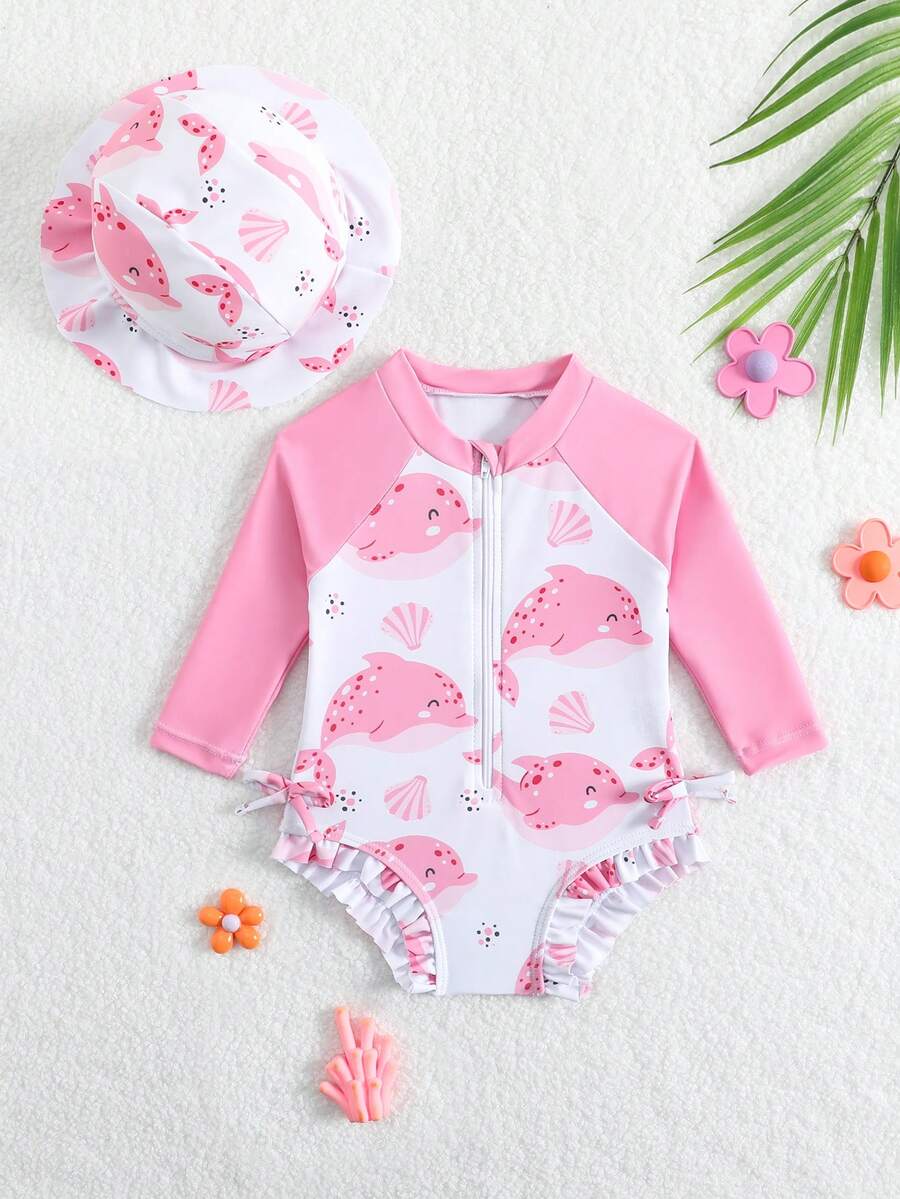 Baby Bow Print Long Sleeve One-Piece Swimsuit Set with Matching Swim Cap