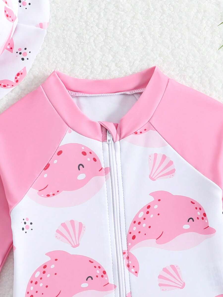 Baby Bow Print Long Sleeve One-Piece Swimsuit Set with Matching Swim Cap