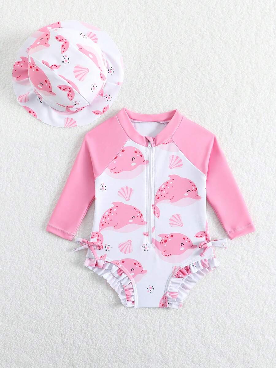 Baby Bow Print Long Sleeve One-Piece Swimsuit Set with Matching Swim Cap