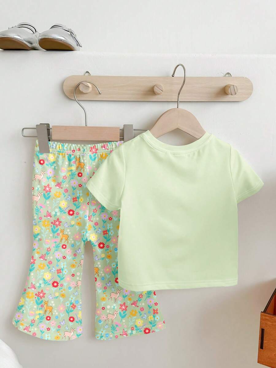 Soft Round Neck Short Sleeve Top and Flexible Flare Leg Trousers Casual Spring Summer Clothes Set for Girls