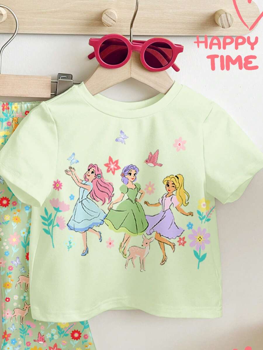 Soft Round Neck Short Sleeve Top and Flexible Flare Leg Trousers Casual Spring Summer Clothes Set for Girls