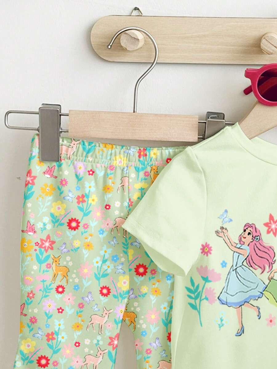 Soft Round Neck Short Sleeve Top and Flexible Flare Leg Trousers Casual Spring Summer Clothes Set for Girls