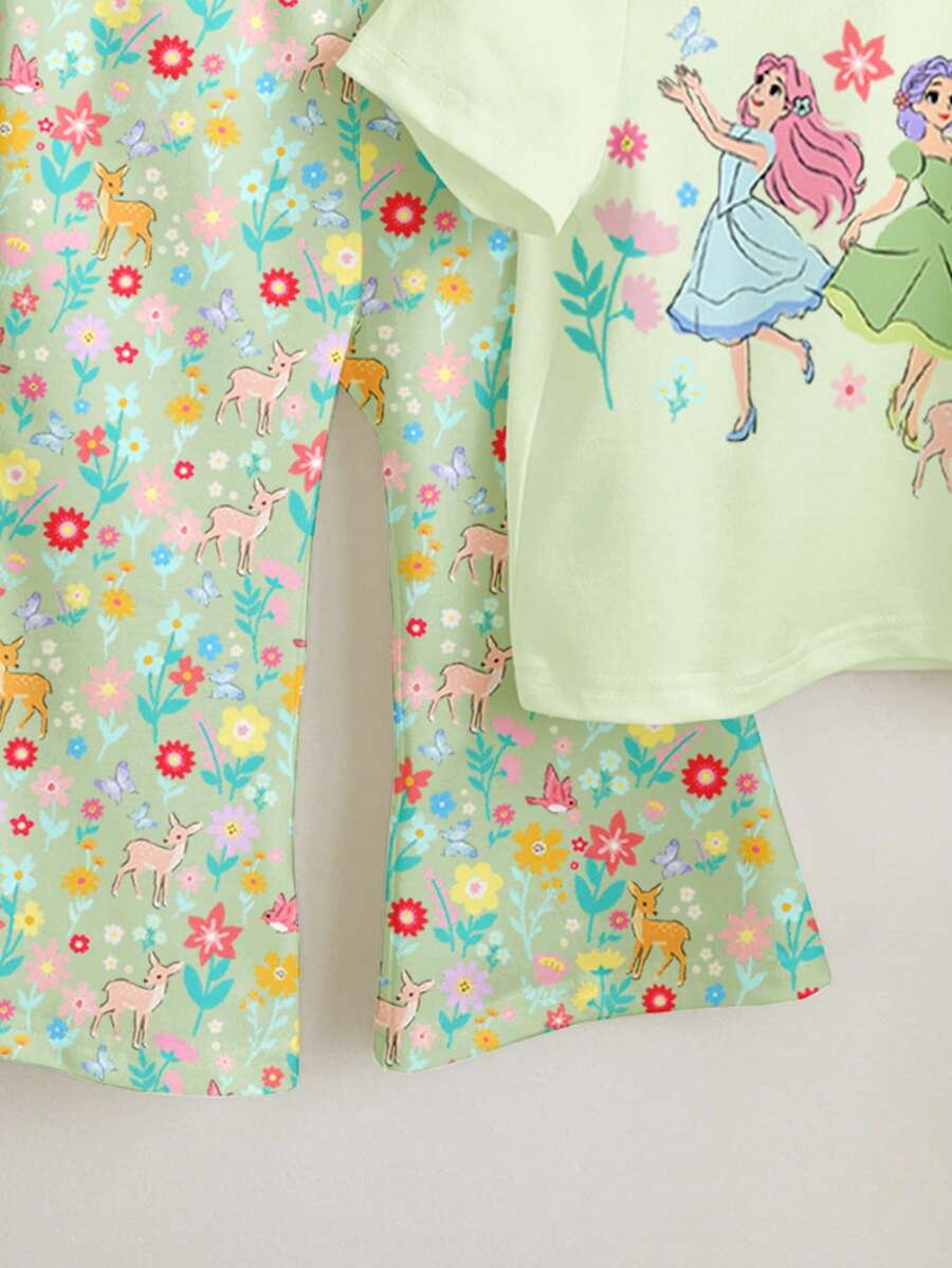 Soft Round Neck Short Sleeve Top and Flexible Flare Leg Trousers Casual Spring Summer Clothes Set for Girls