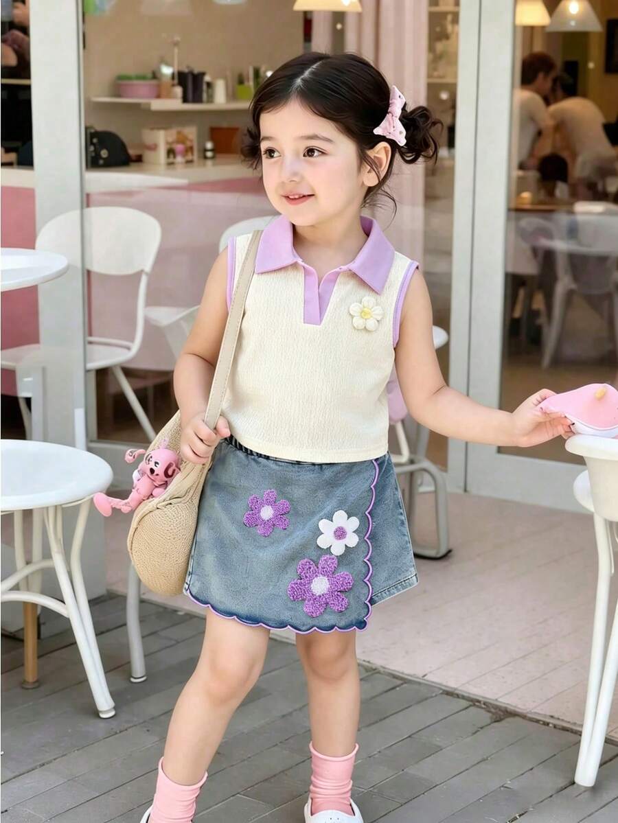 Toddler Girls Textured Knit Vest Top And Denim Skort Flower Embroidered Summer Outfit Set