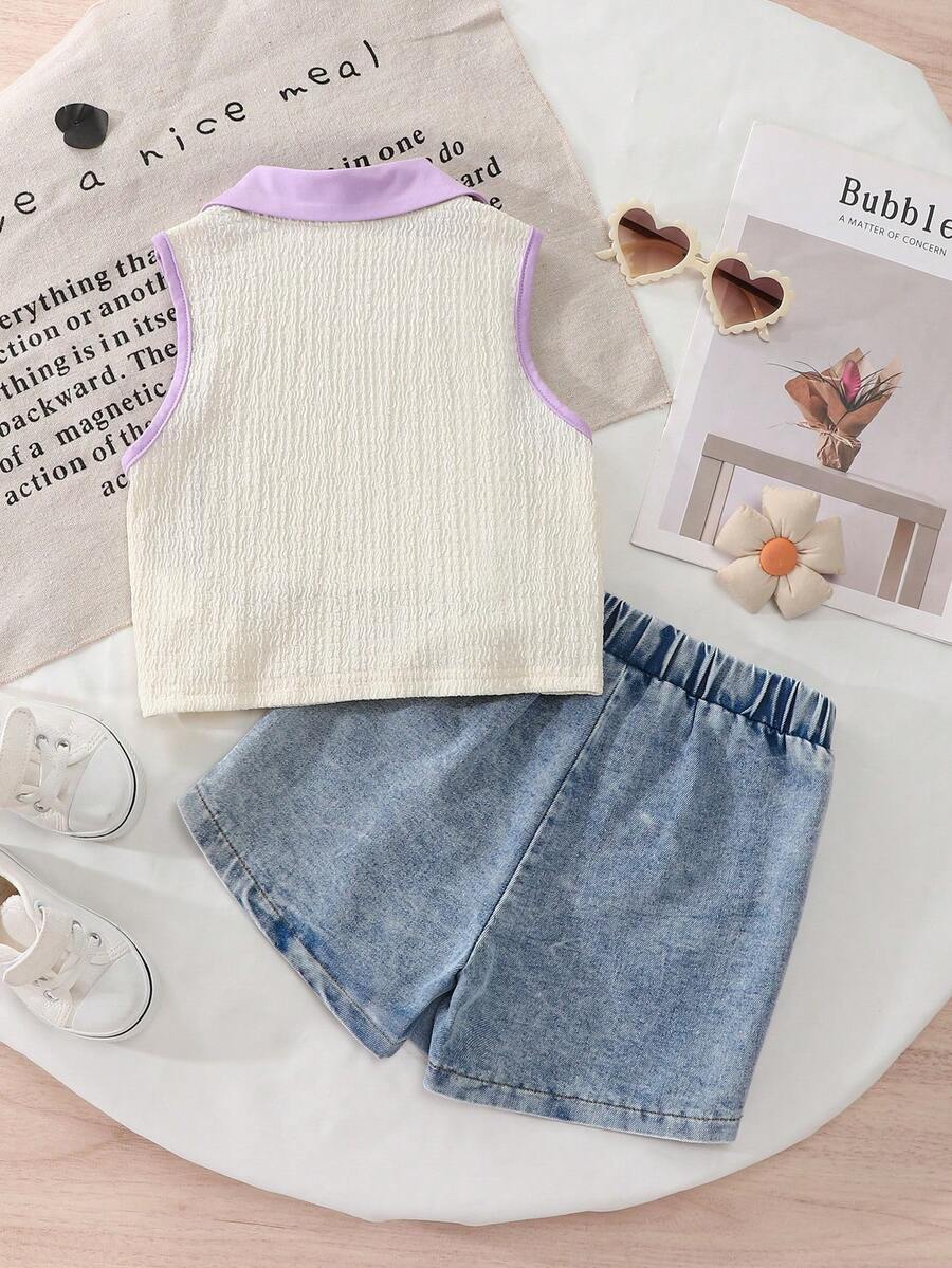Toddler Girls Textured Knit Vest Top And Denim Skort Flower Embroidered Summer Outfit Set