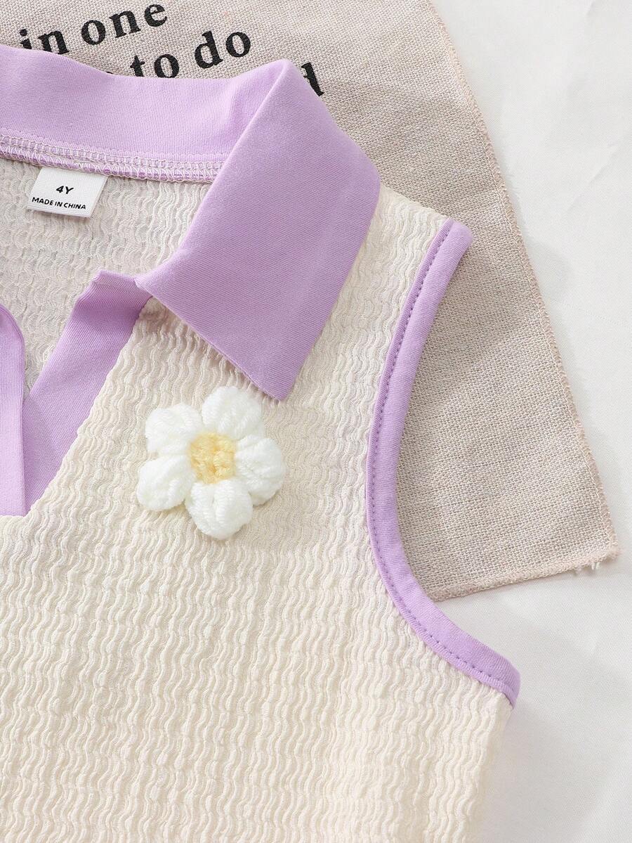 Toddler Girls Textured Knit Vest Top And Denim Skort Flower Embroidered Summer Outfit Set