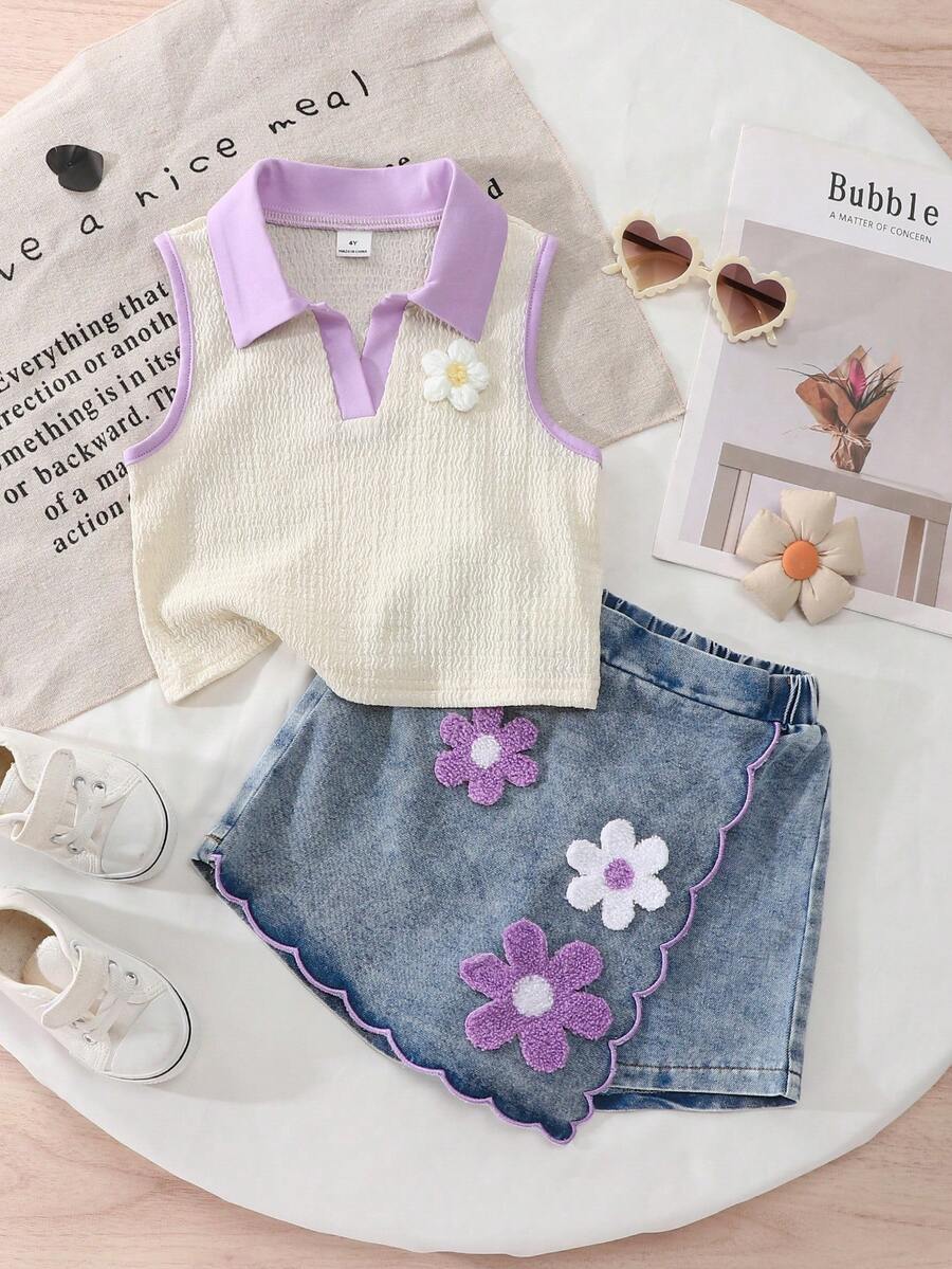 Toddler Girls Textured Knit Vest Top And Denim Skort Flower Embroidered Summer Outfit Set
