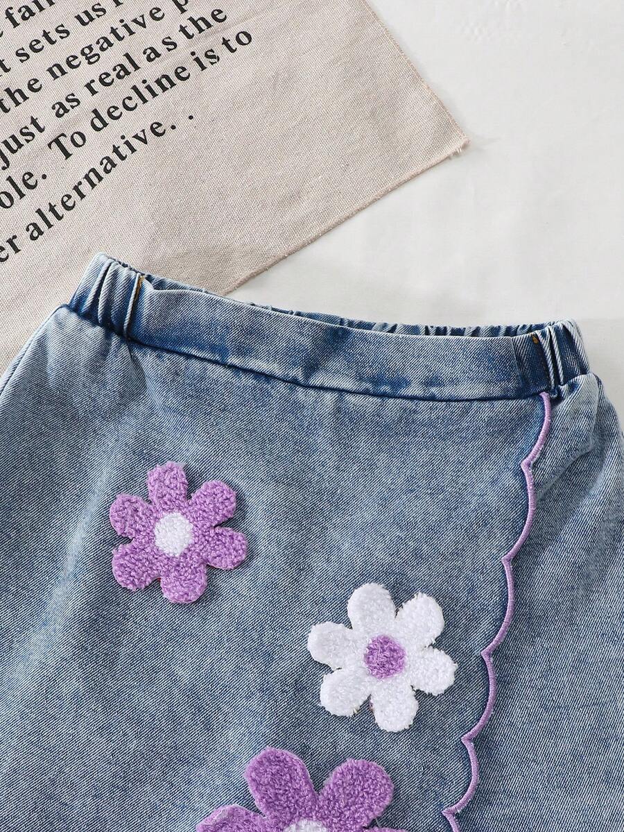Toddler Girls Textured Knit Vest Top And Denim Skort Flower Embroidered Summer Outfit Set