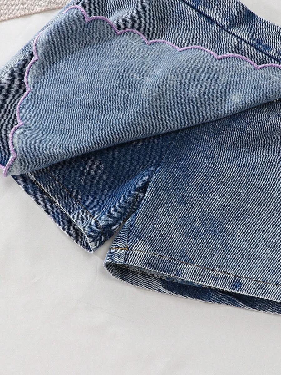 Toddler Girls Textured Knit Vest Top And Denim Skort Flower Embroidered Summer Outfit Set