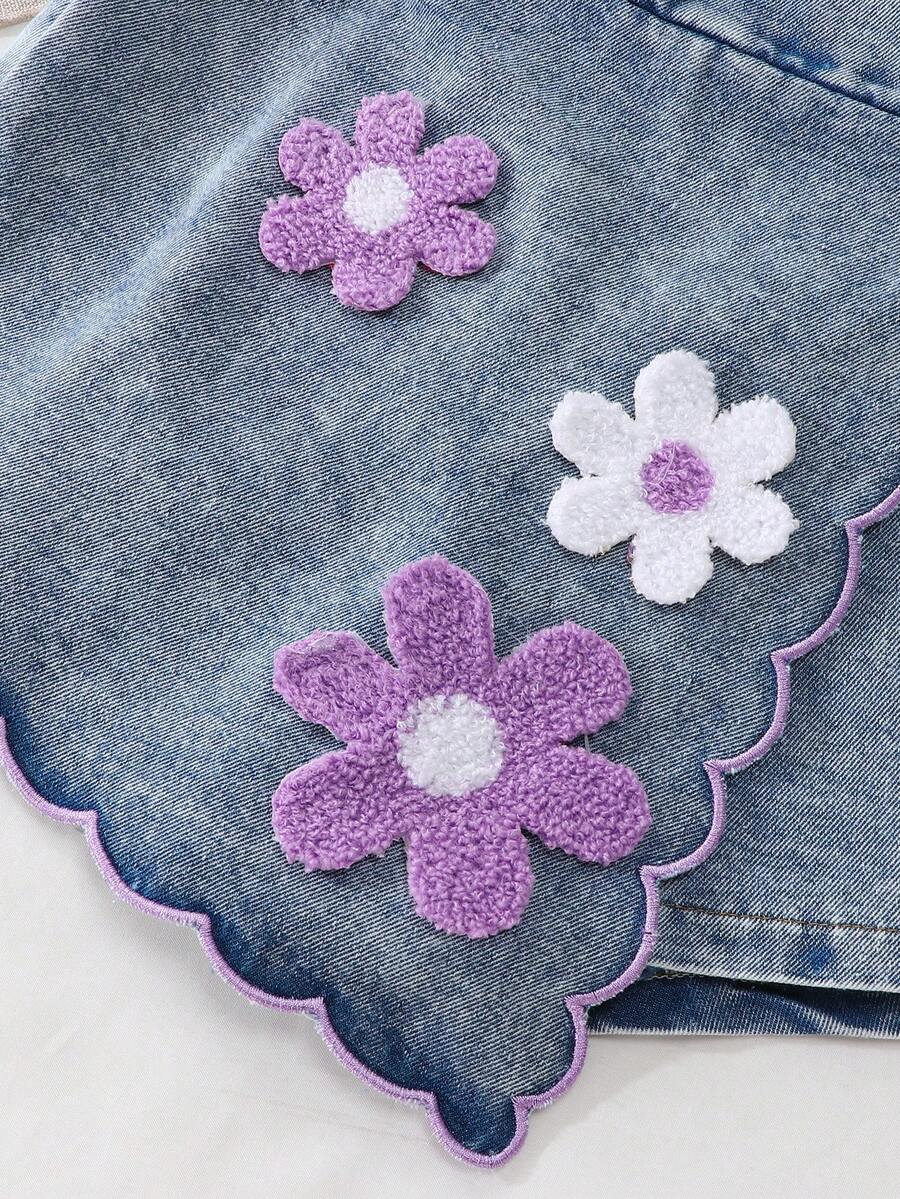Toddler Girls Textured Knit Vest Top And Denim Skort Flower Embroidered Summer Outfit Set