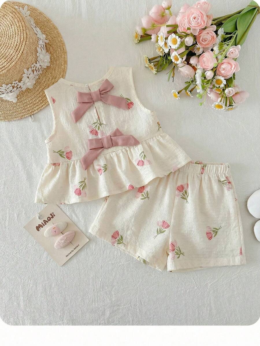 Plaid Bow Decor Outfit Set For Baby Girls Cute Ruffle Hem Summer Wear