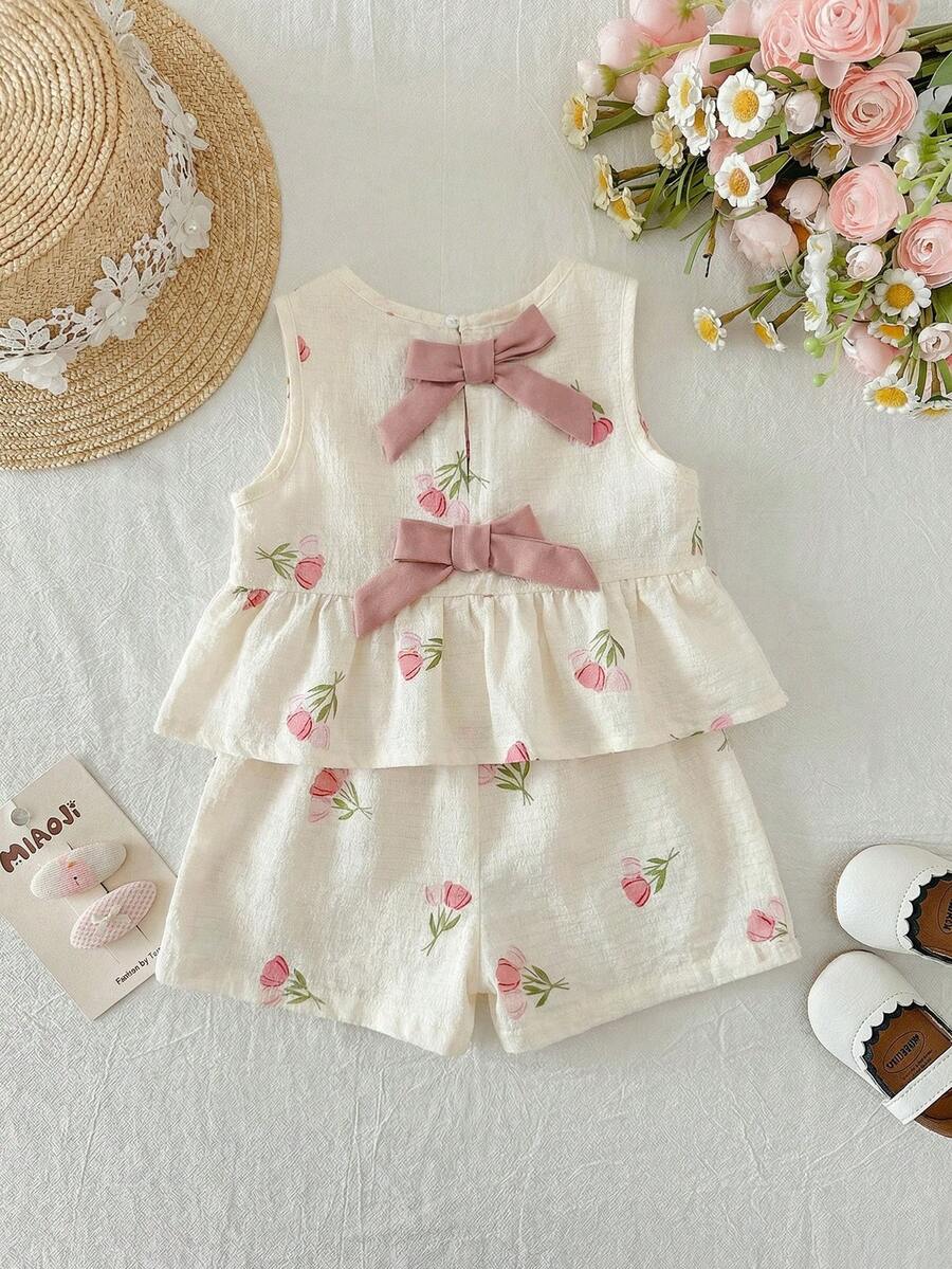 Plaid Bow Decor Outfit Set For Baby Girls Cute Ruffle Hem Summer Wear