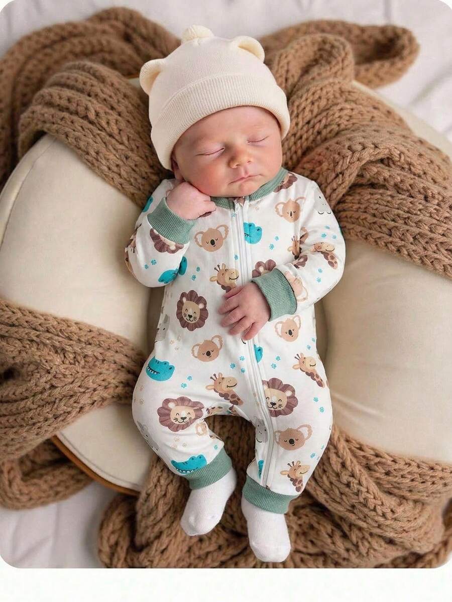 Cute Cartoon Bear Print Baby Zipper Romper for Newborn Boys and Girls