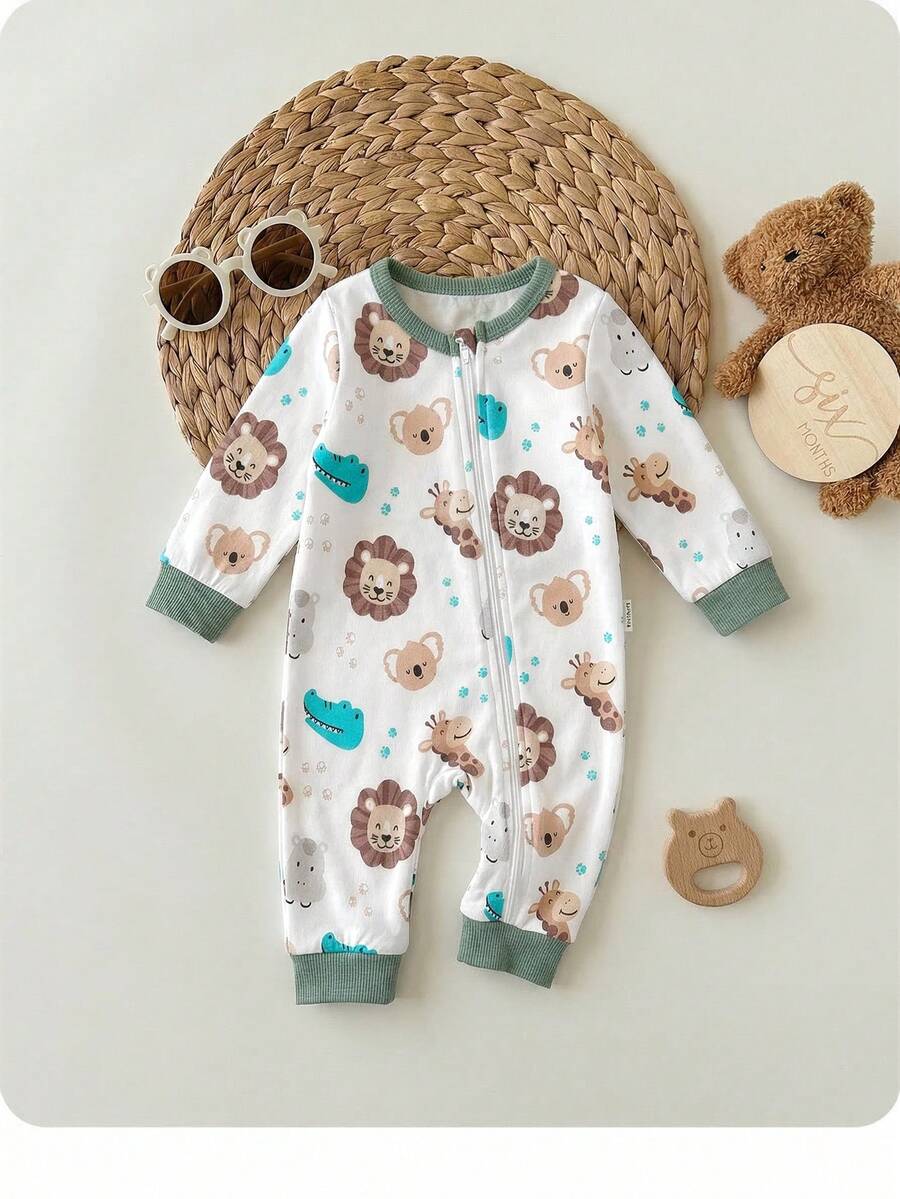 Cute Cartoon Bear Print Baby Zipper Romper for Newborn Boys and Girls