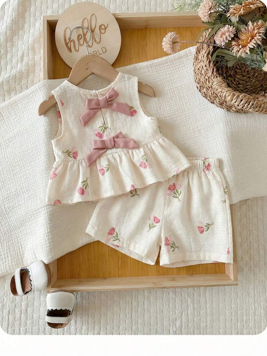 Plaid Bow Decor Outfit Set For Baby Girls Cute Ruffle Hem Summer Wear