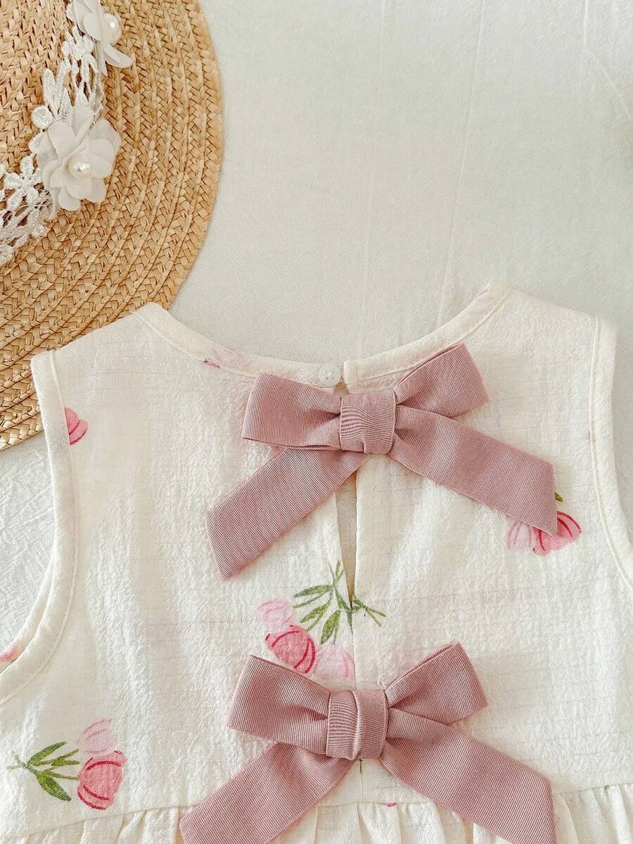 Plaid Bow Decor Outfit Set For Baby Girls Cute Ruffle Hem Summer Wear