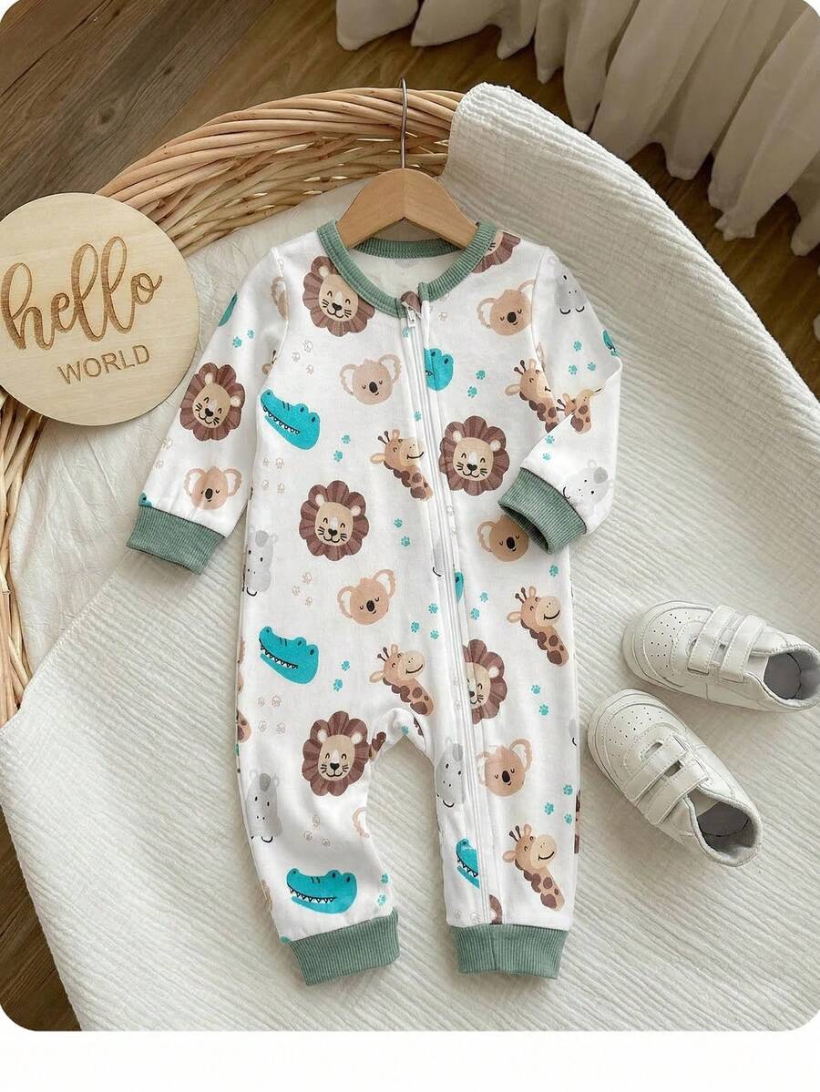 Cute Cartoon Bear Print Baby Zipper Romper for Newborn Boys and Girls