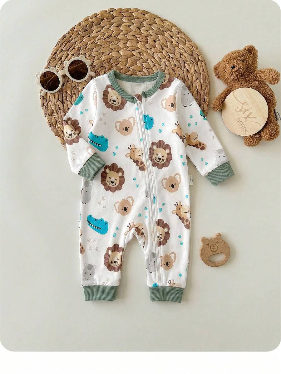 Cute Cartoon Bear Print Baby Zipper Romper for Newborn Boys and Girls