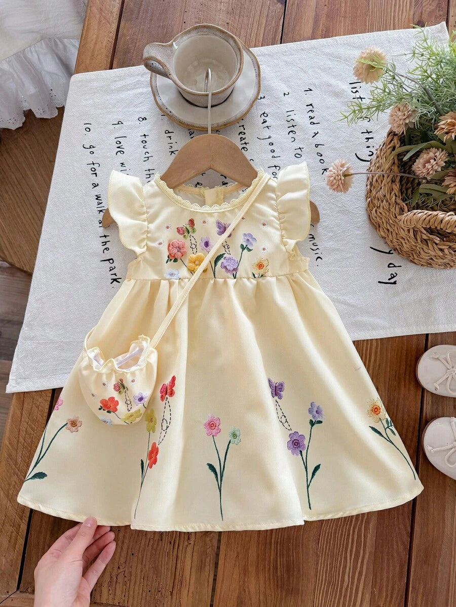 Infant Girl 2-Piece Embroidered Dress Set with Diagonal Shoulder Bag