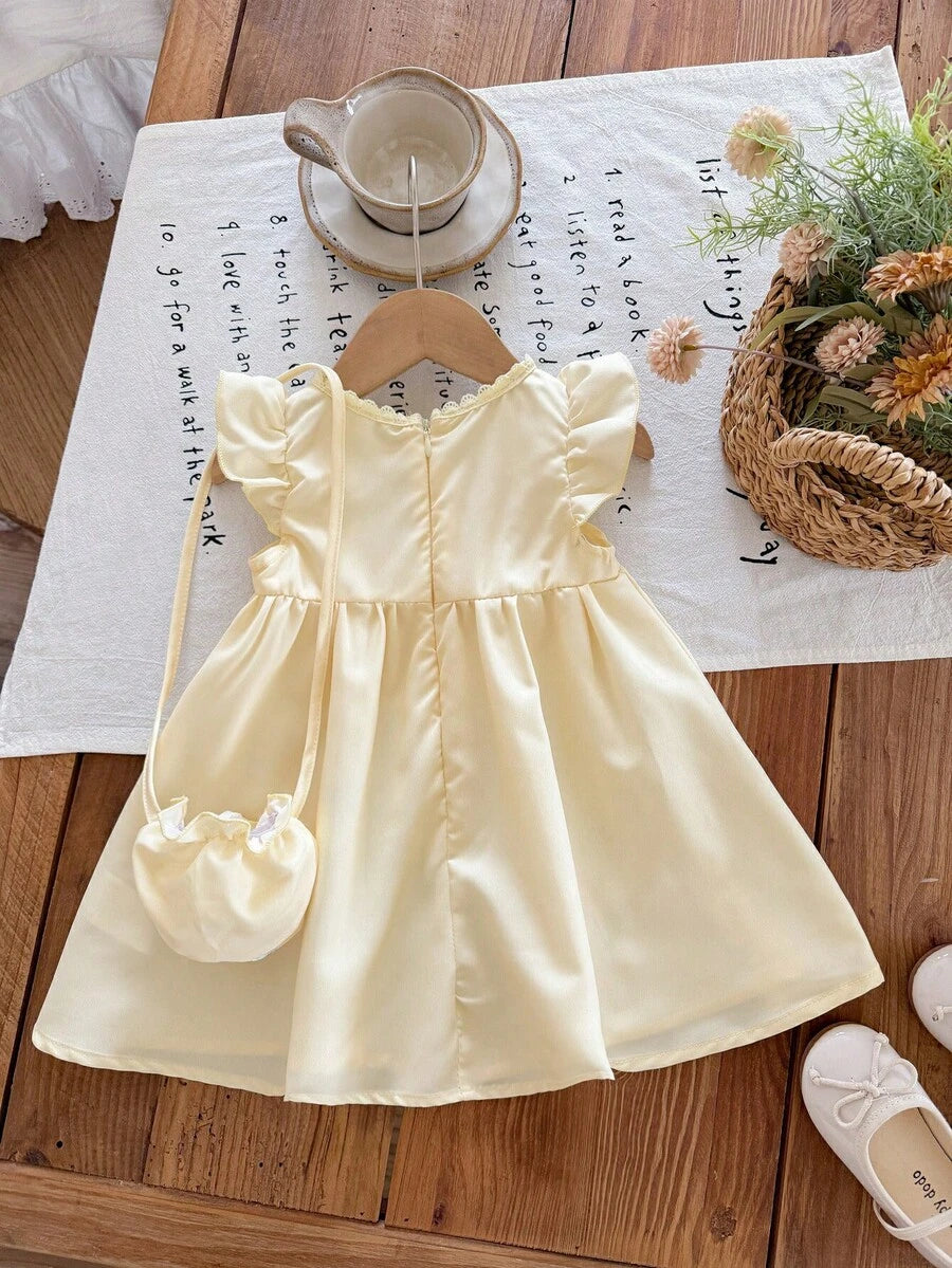 Infant Girl 2-Piece Embroidered Dress Set with Diagonal Shoulder Bag