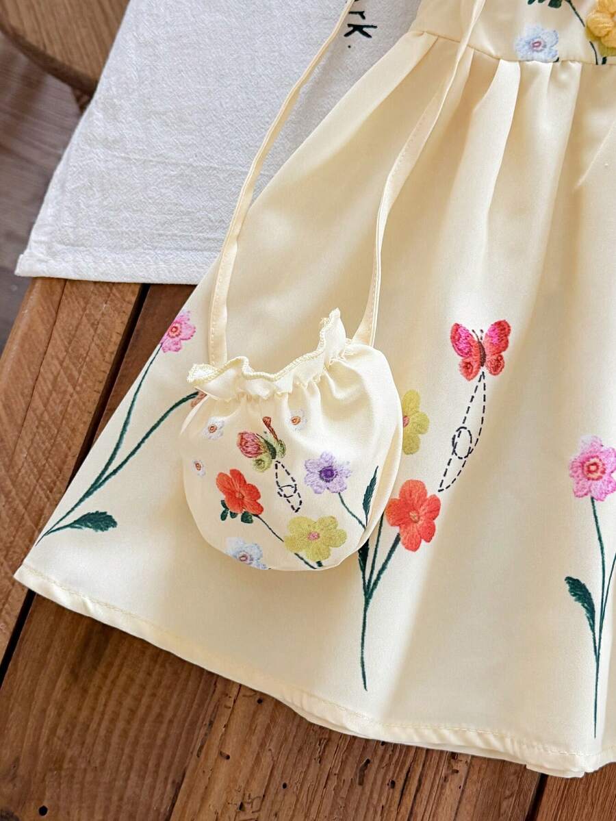 Infant Girl 2-Piece Embroidered Dress Set with Diagonal Shoulder Bag