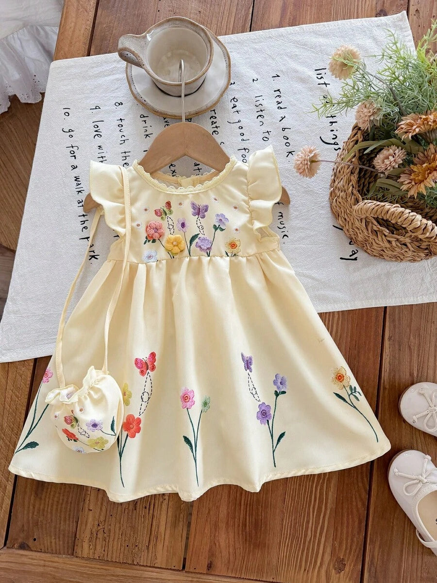 Infant Girl 2-Piece Embroidered Dress Set with Diagonal Shoulder Bag