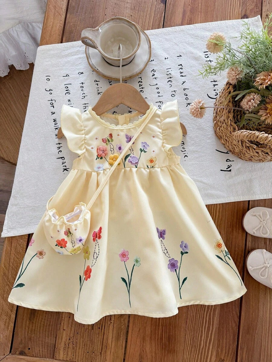 Infant Girl 2-Piece Embroidered Dress Set with Diagonal Shoulder Bag