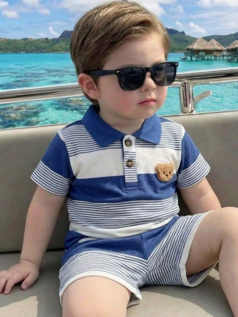 Infant Boys Casual Striped Short Sleeve Polo and Shorts Set with Bear Embroidery