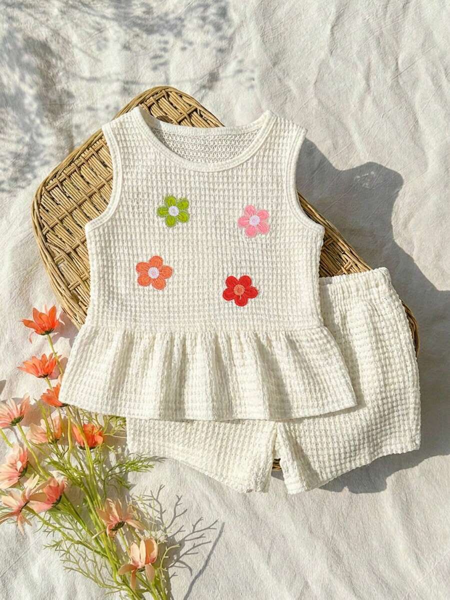 Two Piece Summer Clothing Set For Kids Girls Floral Knit Top And Shorts