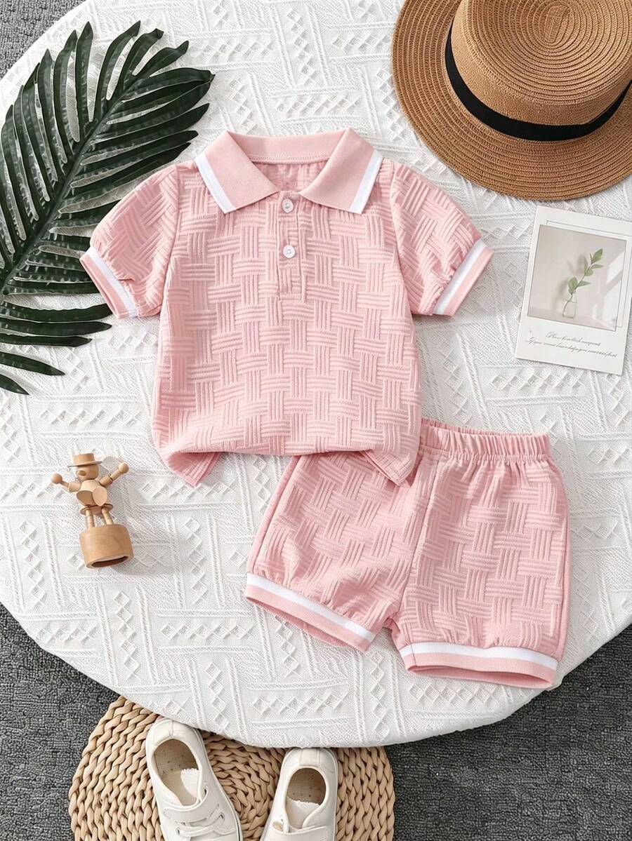Stylish Baby Boy Solid Color Jacquard Top and Matching Shorts Summer Set