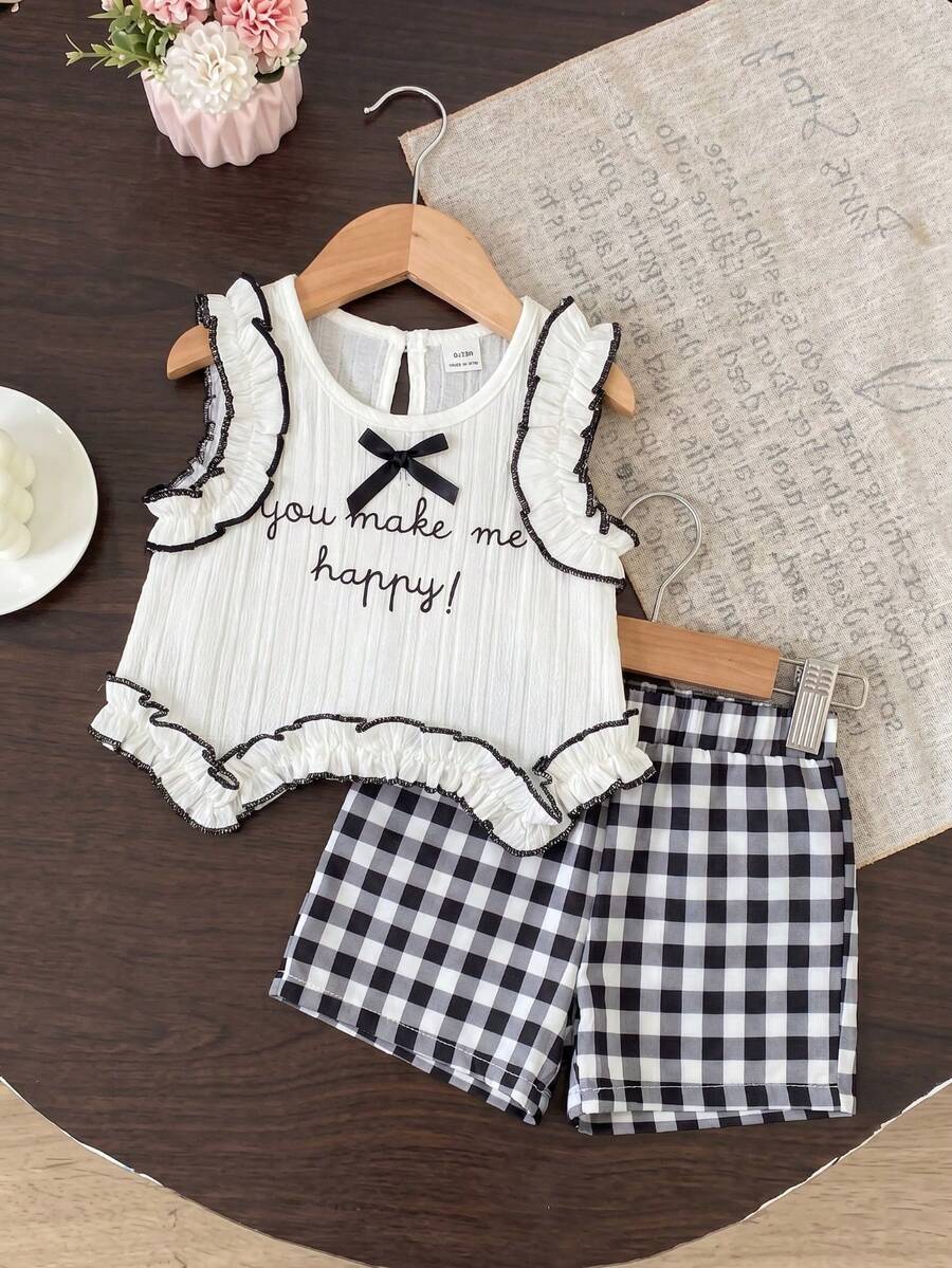 Light Green Vest Top And Apricot Shorts Set For Toddler Girls Vacation Wear
