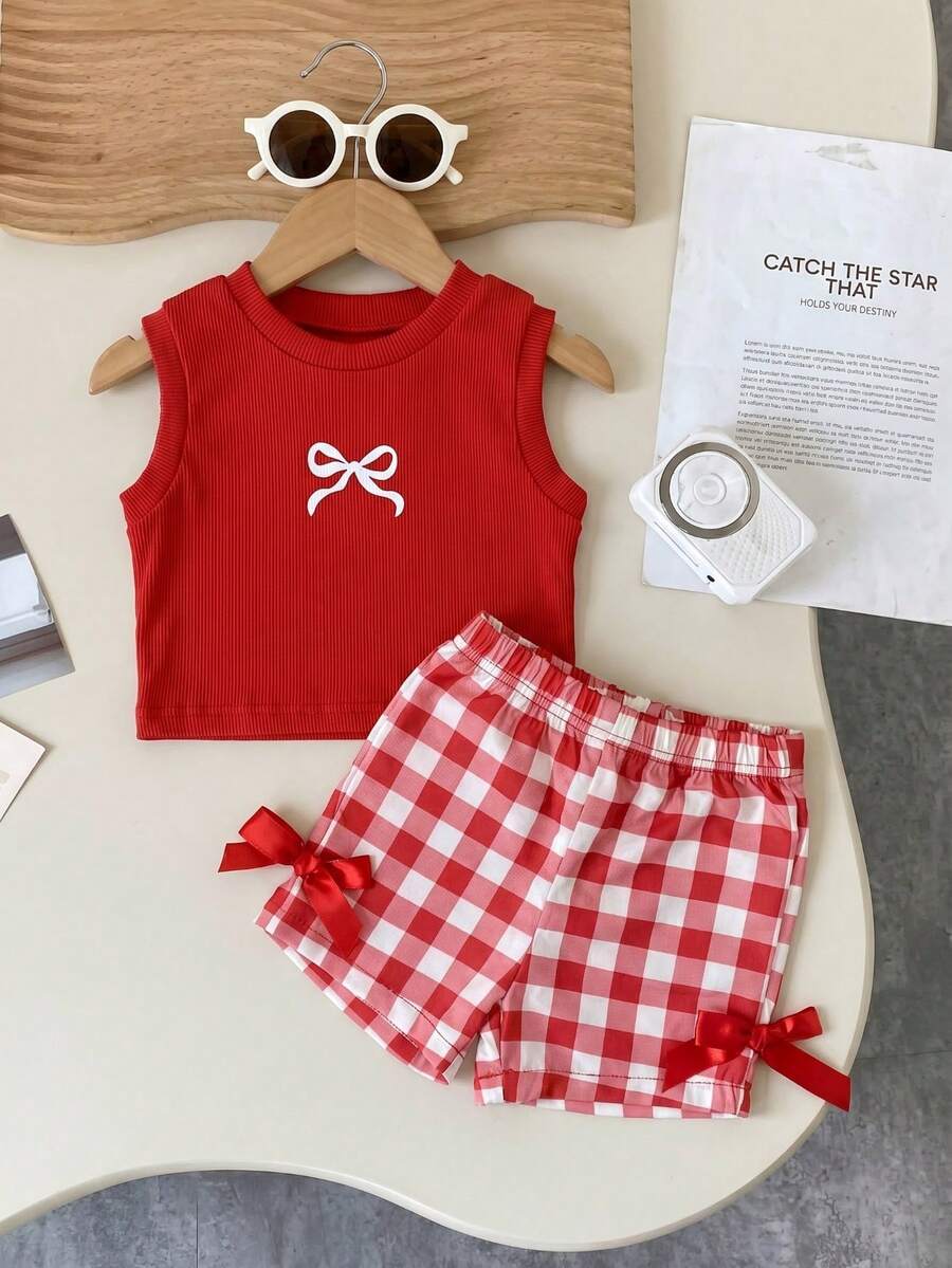 Baby Girl 2pcs Summer Blue Textured Top & Plaid Shorts Outfit