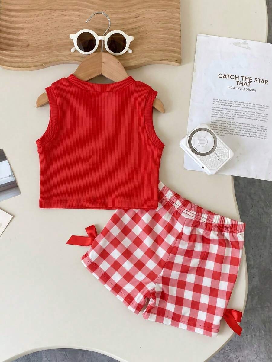 Baby Girl 2pcs Summer Blue Textured Top & Plaid Shorts Outfit