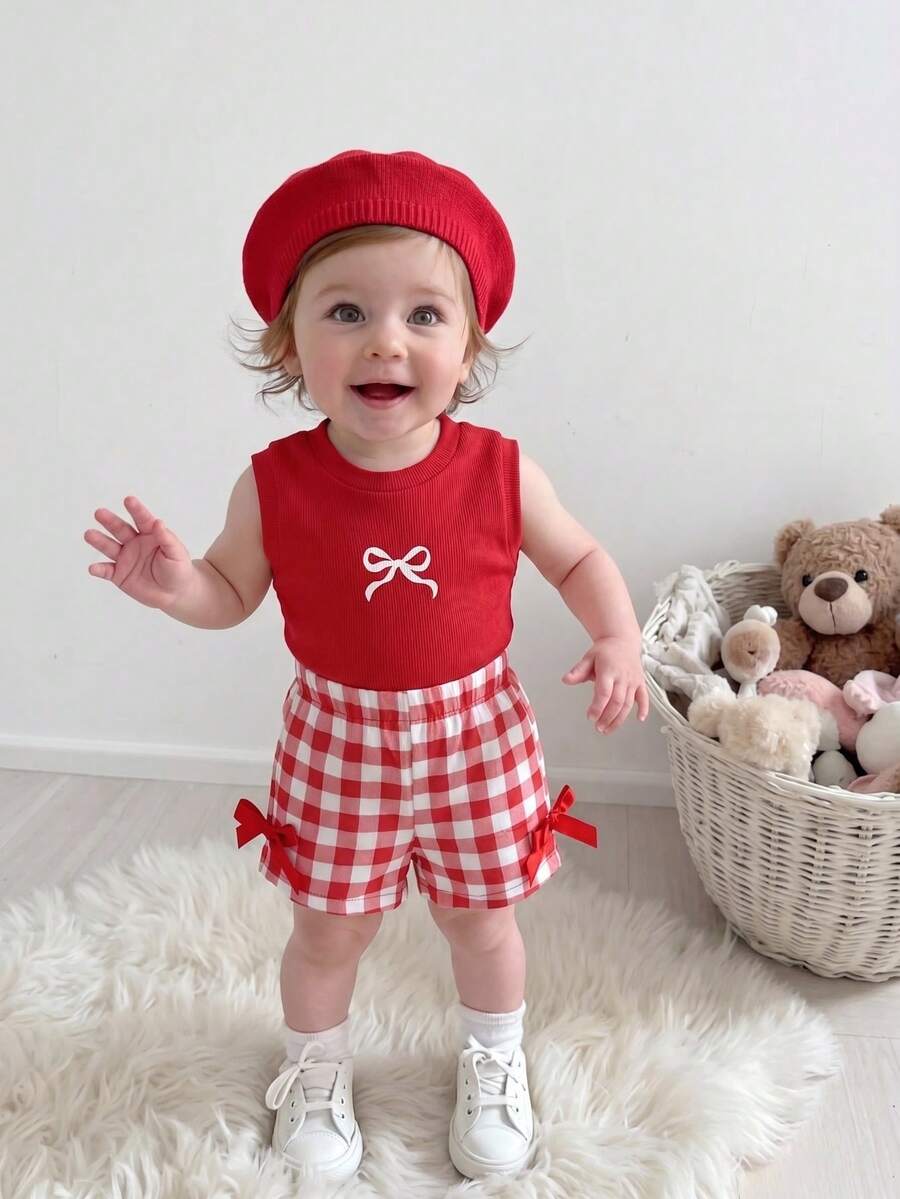 Baby Girl 2pcs Summer Blue Textured Top & Plaid Shorts Outfit