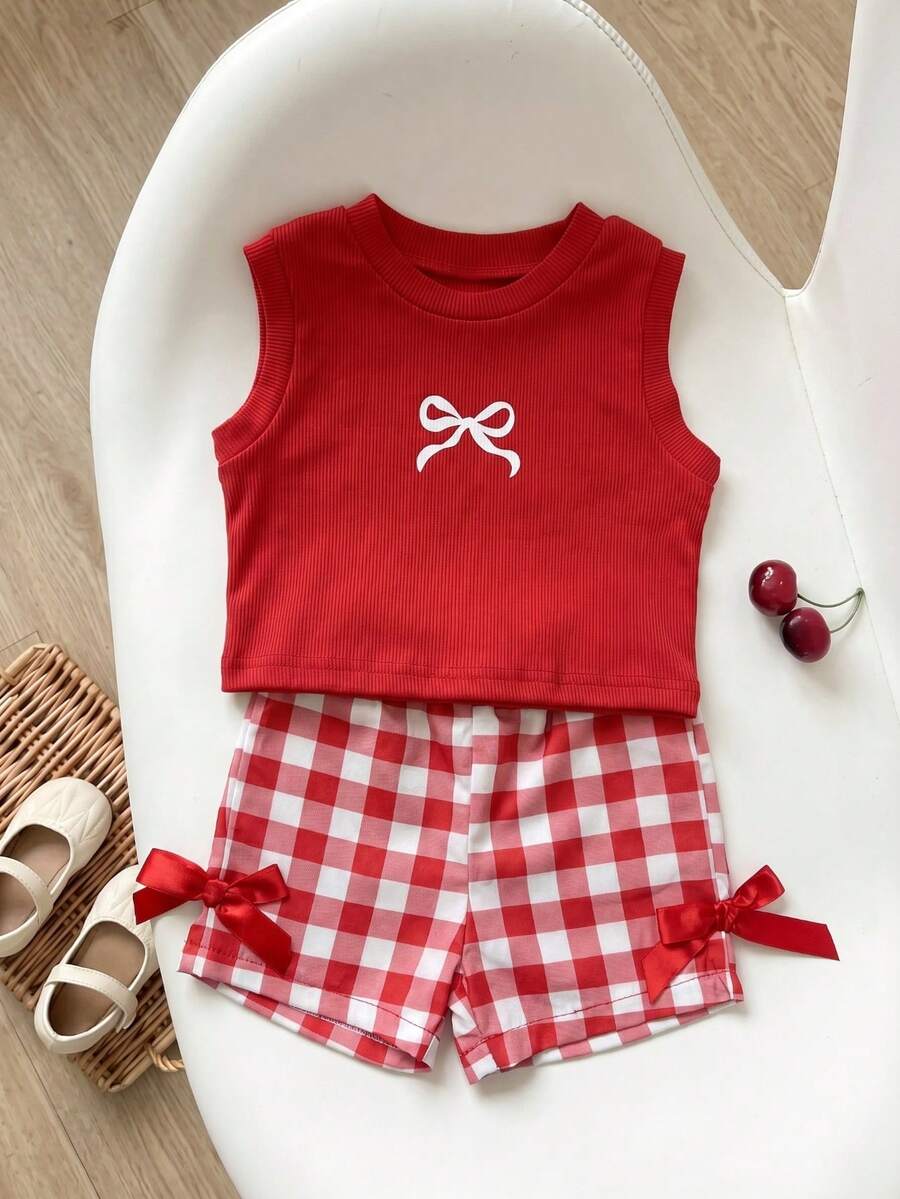 Baby Girl 2pcs Summer Blue Textured Top & Plaid Shorts Outfit