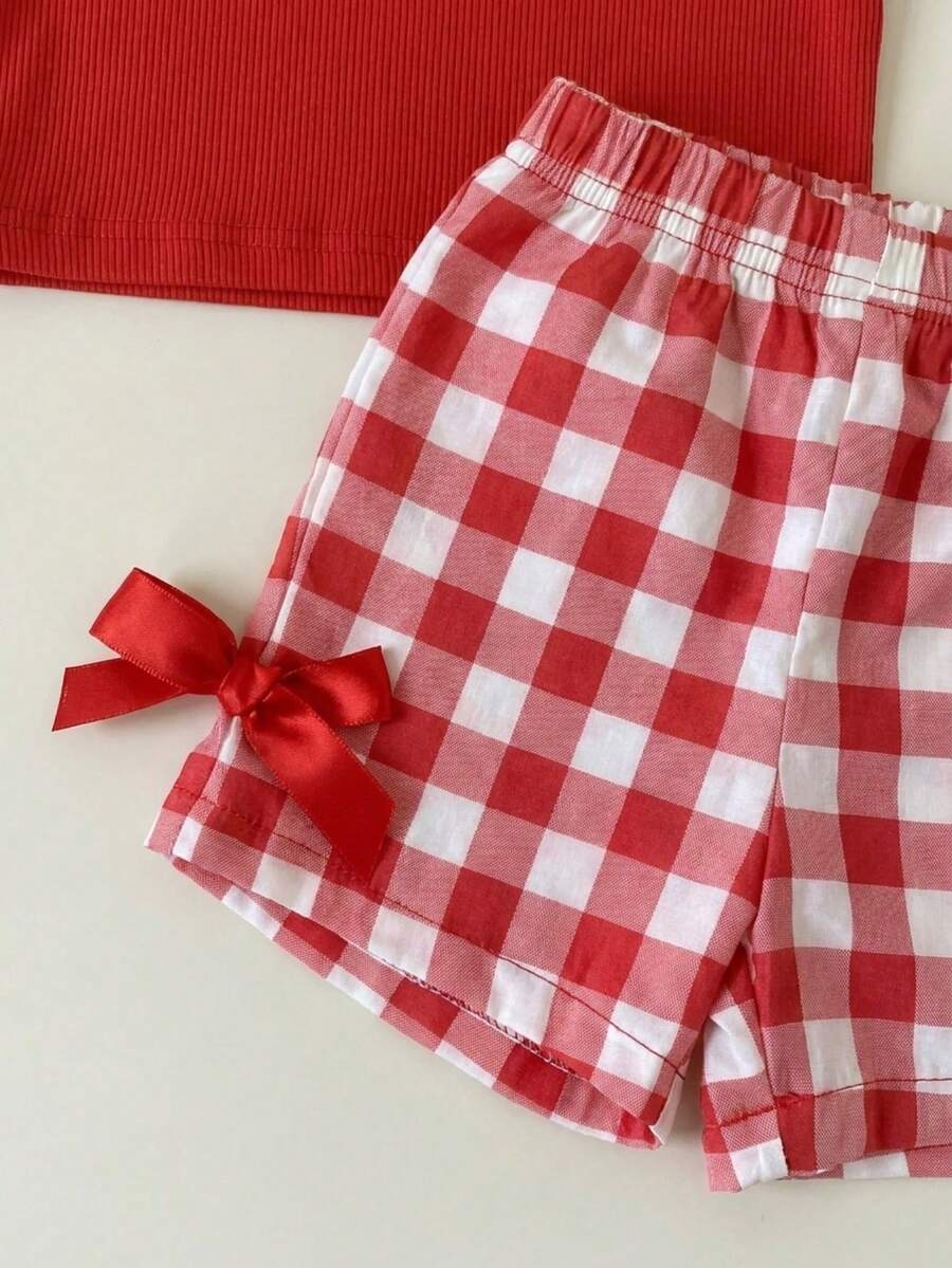 Baby Girl 2pcs Summer Blue Textured Top & Plaid Shorts Outfit