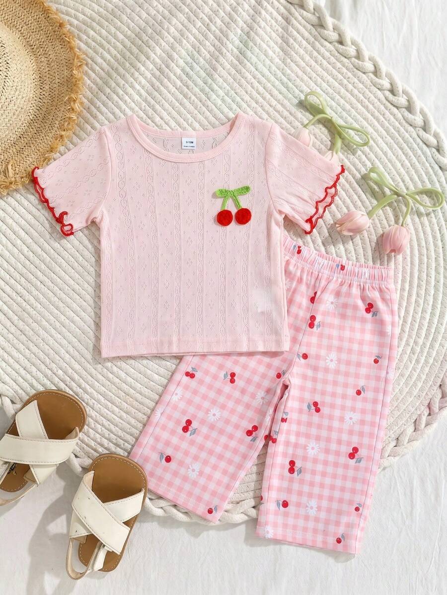 3D Floral T Shirt And Plaid Pants Set For Baby Girls Casual Cute Outfit