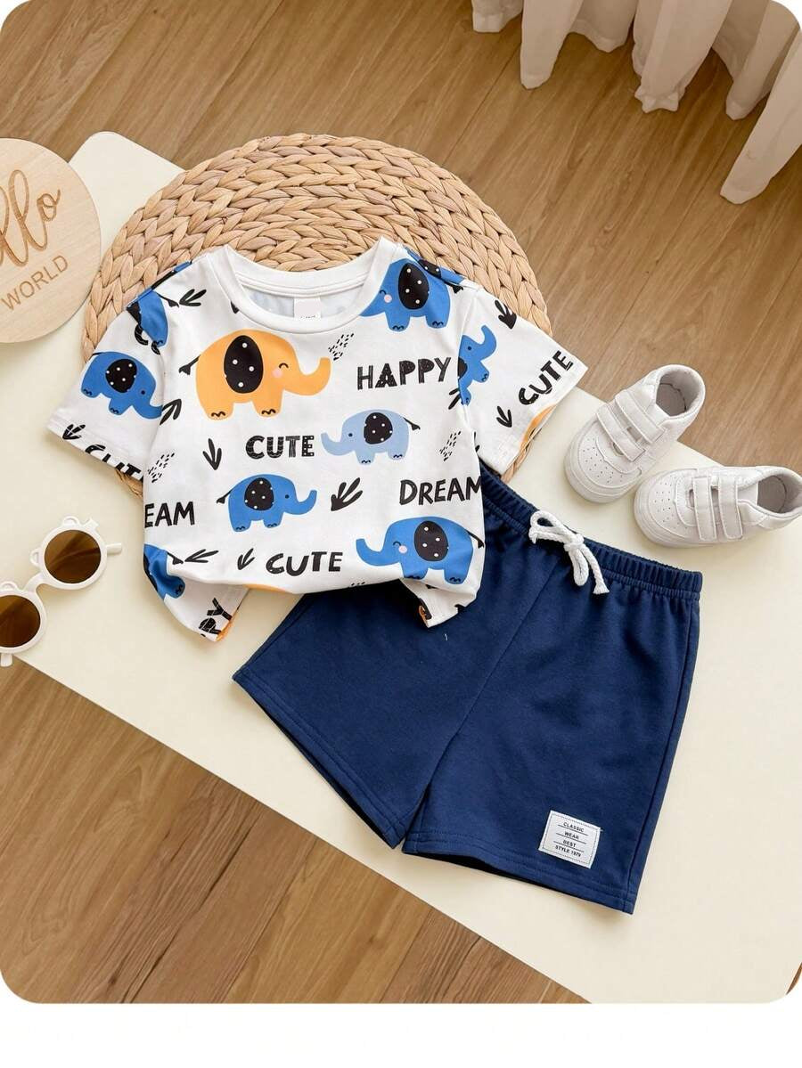 Baby Boy Animal Crayon Print T Shirt and Knitted Shorts 2 Piece Casual Spring Summer Outfit Set