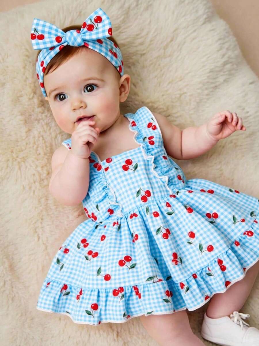 2PCS Baby Strawberry Plaid Dress and Bow Headband Set for Cute Spring and Summer Outings