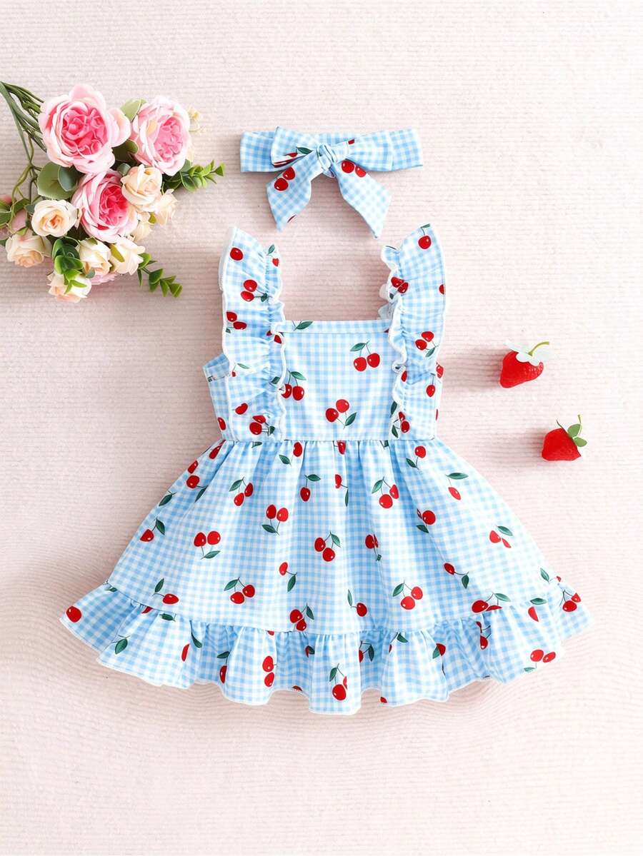 2PCS Baby Strawberry Plaid Dress and Bow Headband Set for Cute Spring and Summer Outings