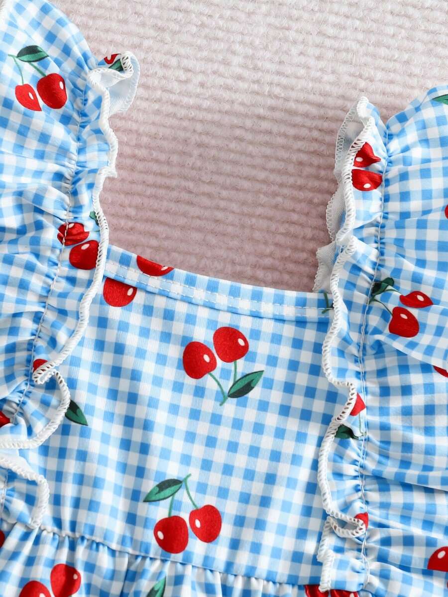 2PCS Baby Strawberry Plaid Dress and Bow Headband Set for Cute Spring and Summer Outings
