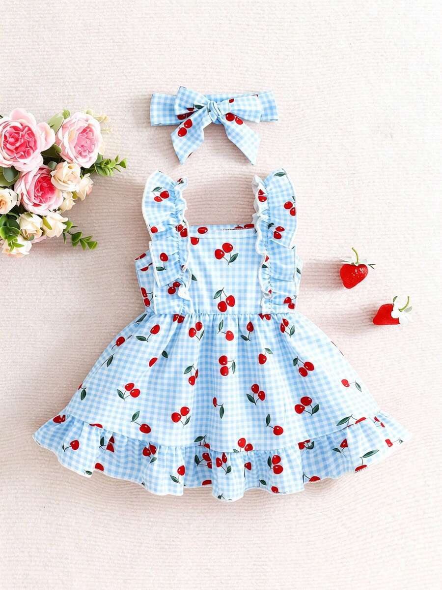 2PCS Baby Strawberry Plaid Dress and Bow Headband Set for Cute Spring and Summer Outings