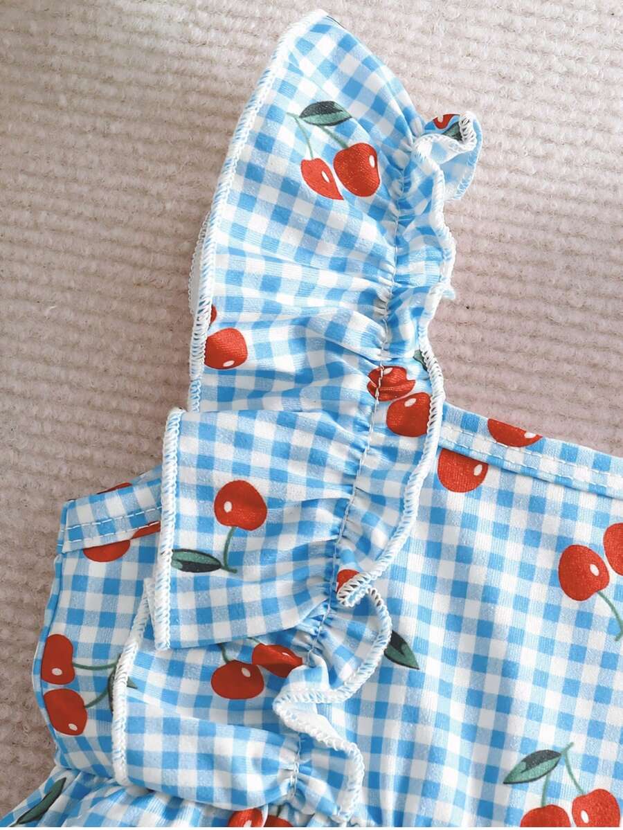 2PCS Baby Strawberry Plaid Dress and Bow Headband Set for Cute Spring and Summer Outings