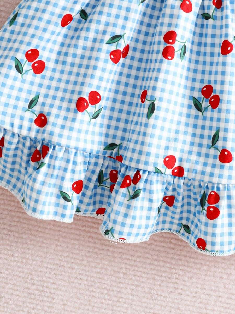 2PCS Baby Strawberry Plaid Dress and Bow Headband Set for Cute Spring and Summer Outings