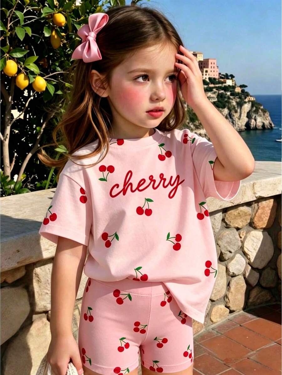 Lemon Fruit & Letter Print Short Sleeve Top and Shorts Set for Baby Girls